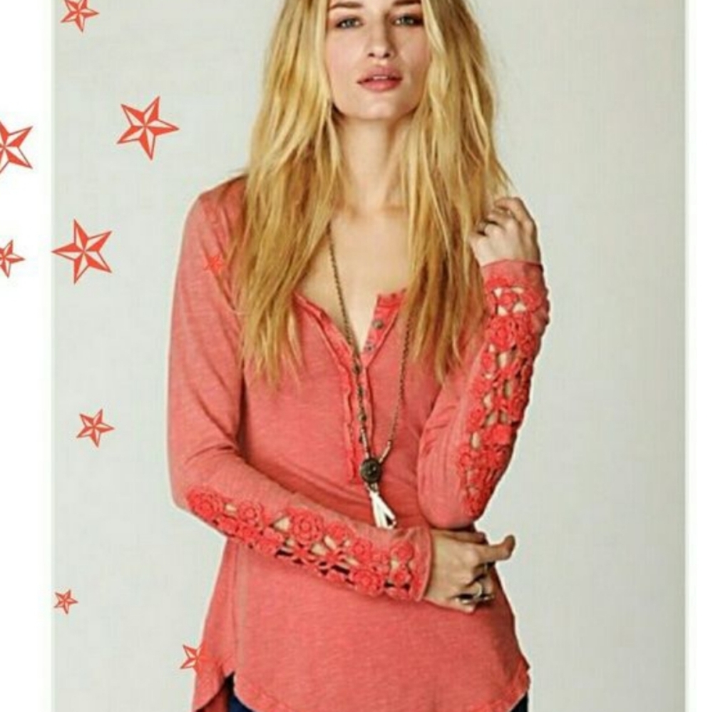 Free people long sleeve henley, crochet cuffs